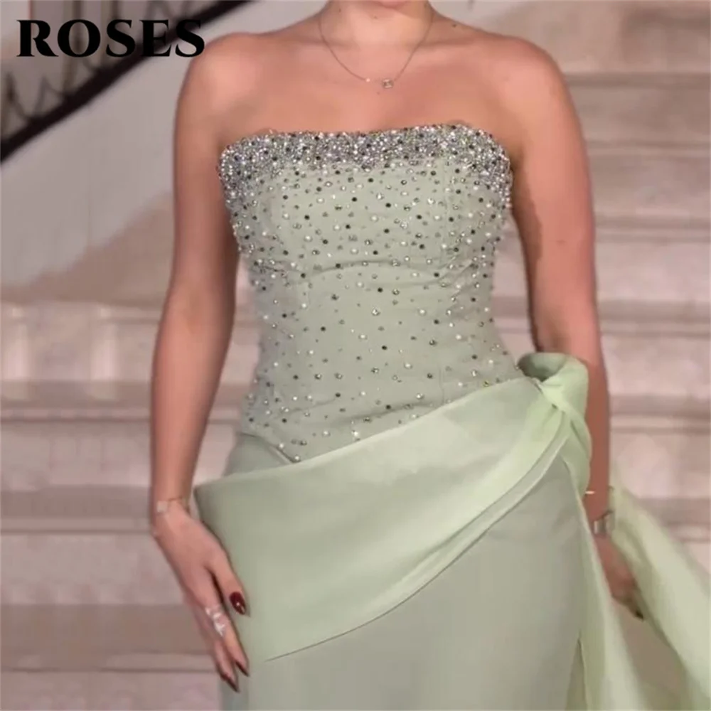 

ROSES Light Green Satin Evening Gown Strapless Mermaid Prom Dress Beaded Bodice Wedding Evening Dress robes de soirée Customized