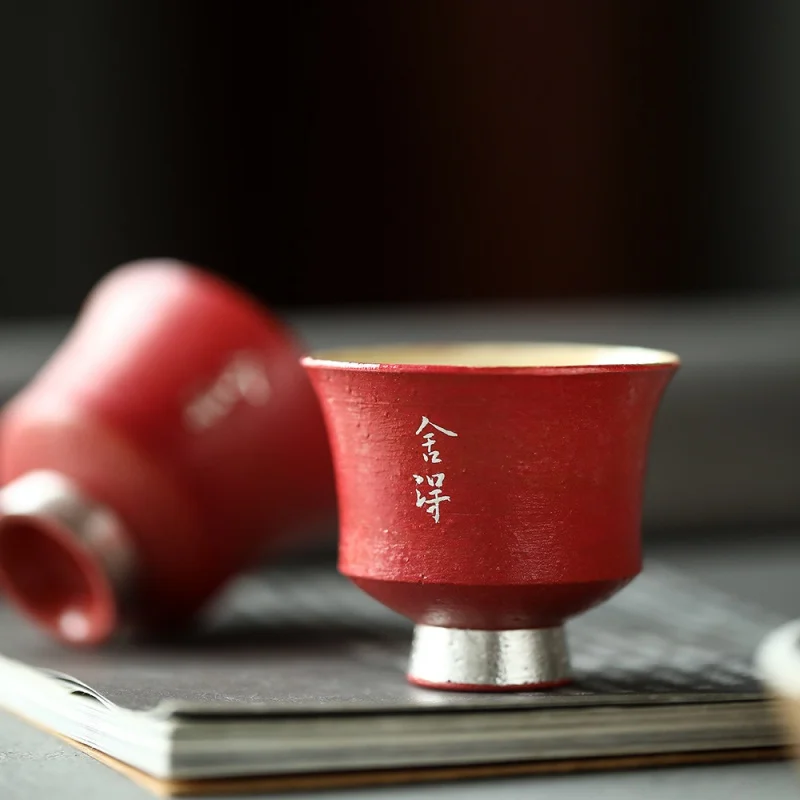 

★Mr. Qing Imperial Red Jingdezhen Handmade Silver Gilded Literati Master Cup Red Antique Carved Poetry Pattern Clay Tea Cup 45