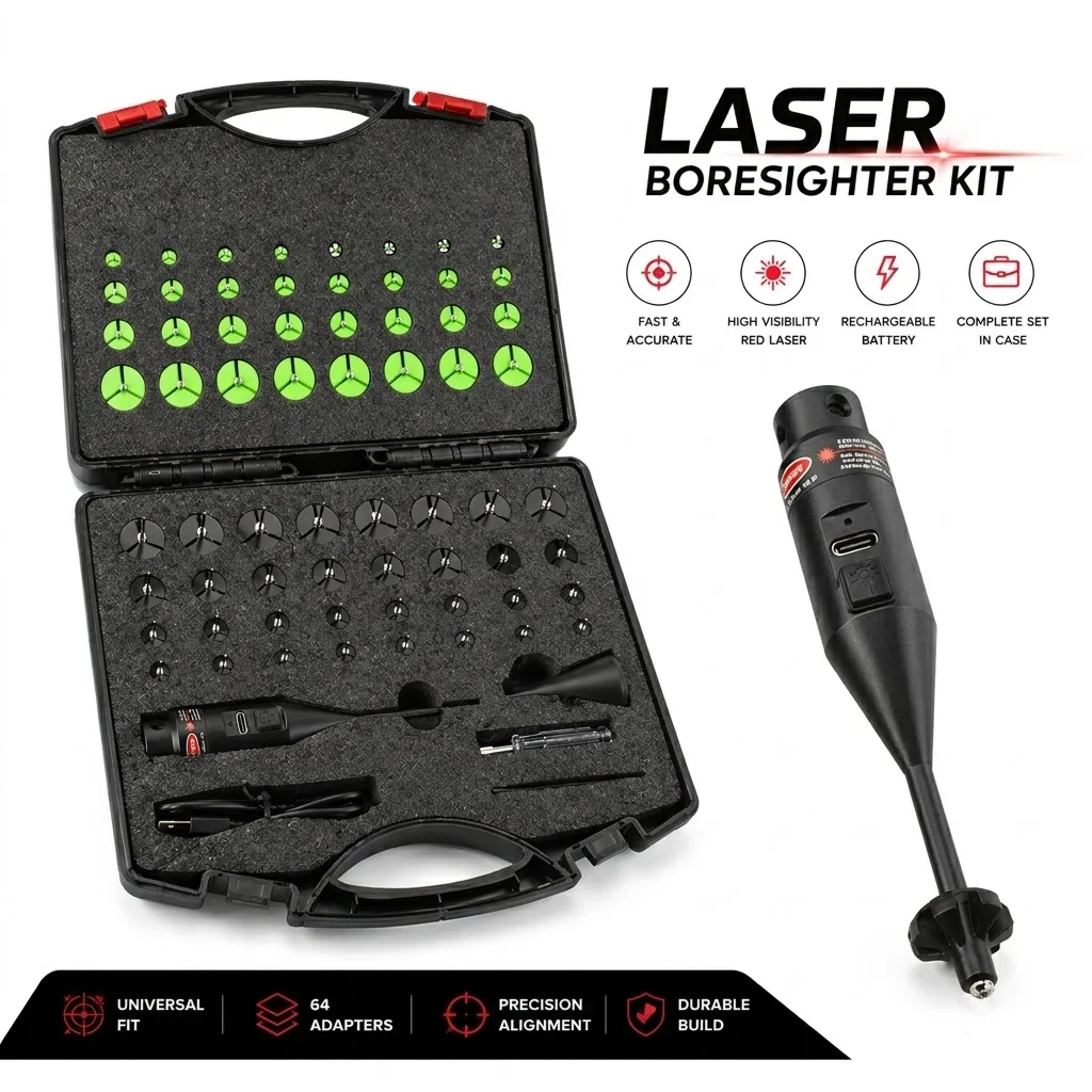 Laser Boresigher 64 Adapters Kit USB Rechargeable .177 .22 to 12GA Tactical Laser Collimator Boresighter Upgraded Version