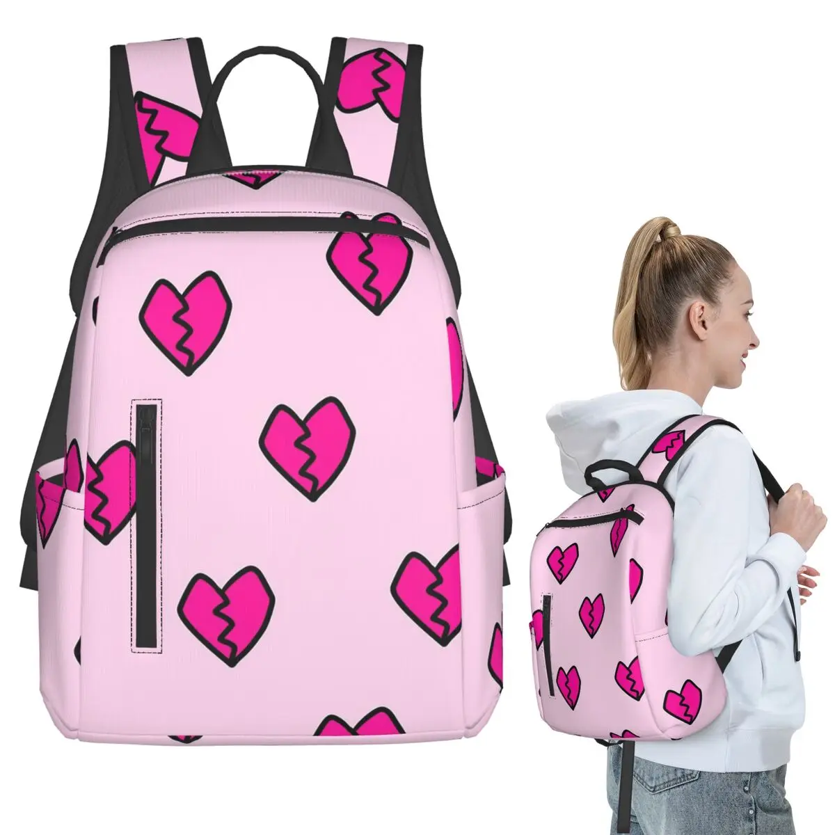 

Broken Hearts Love Pink Patteren Backpack Student BookBag Kids School Bag Laptop Shoulder Bags Men Women