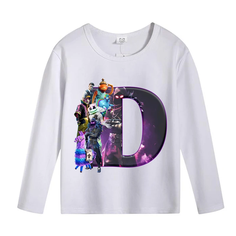 تي شيرت Fortnite للأطفال بأكمام طويلة تي شيرت كارتوني قلعة ليلية مطبوعة بحروف تي شيرت ربيعي على الموضة ملابس أطفال قميص داخلي