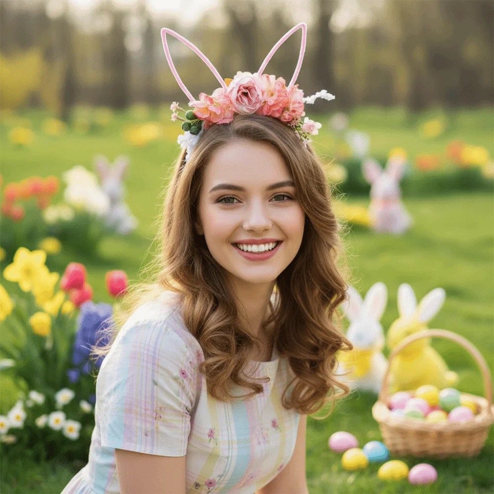 

Artificial Flower Easter Garland Forest Floral Rabbit Ears Headband Headpiece Colorful Bunny Ears Hair Hoop Holiday Decor