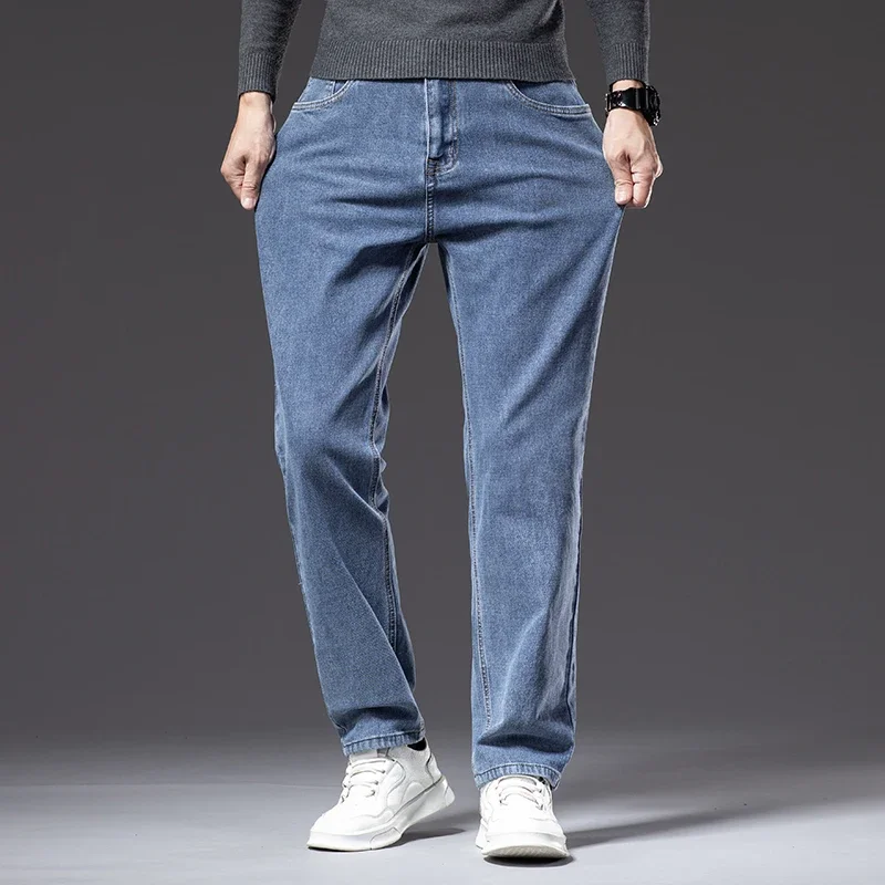 Plus Size 42 44 Men\'s Jeans Gray Blue Straight Stretch Classic Denim Pants Soft Cozy Casual Denim Trousers Male Brand Clothing