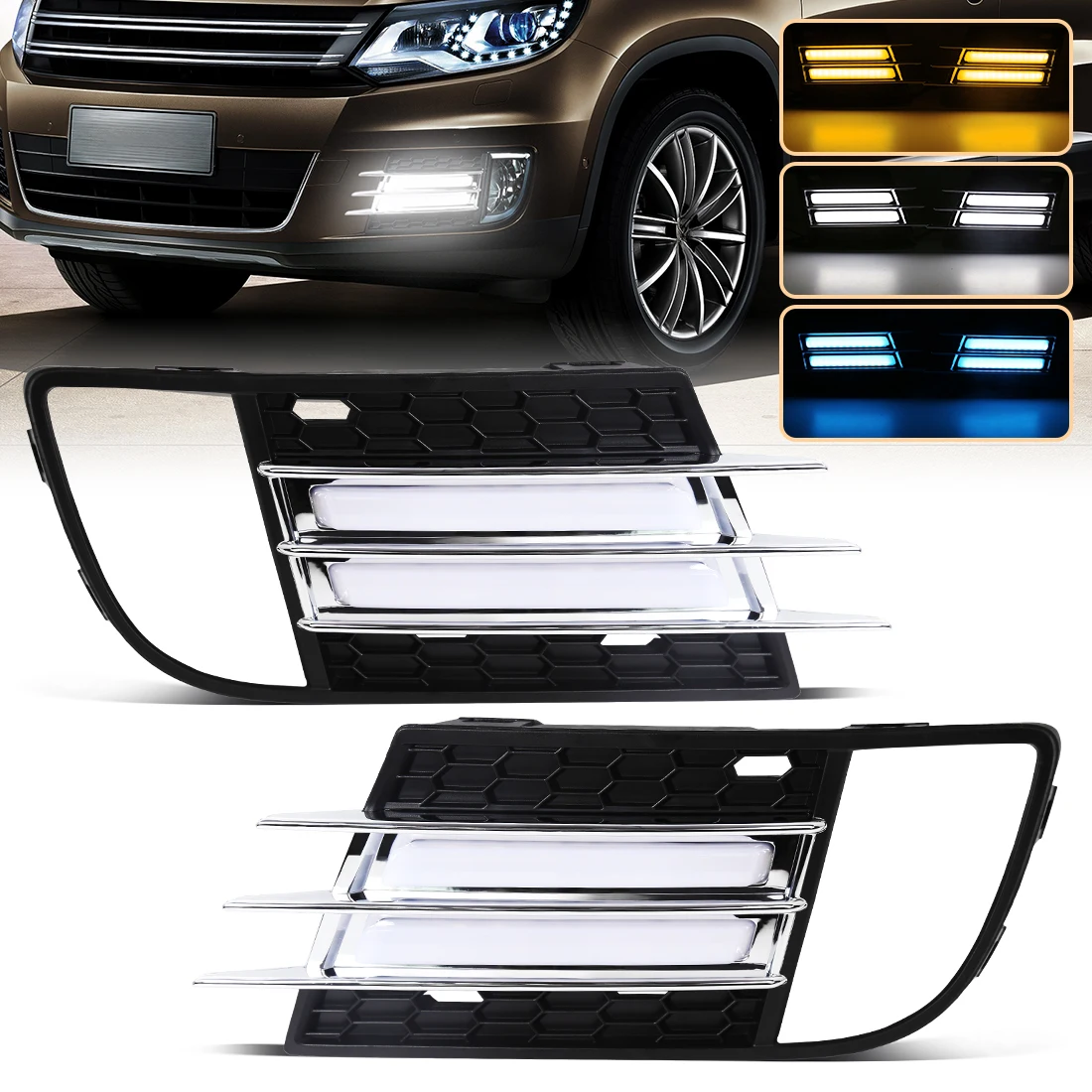 

Для Volkswagen Tiguan 2013-2017 светодиодные дневные ходовые огни 3 в 1, цвета, динамические плавные DRL, дневные указатели поворота, светодиодные DRL