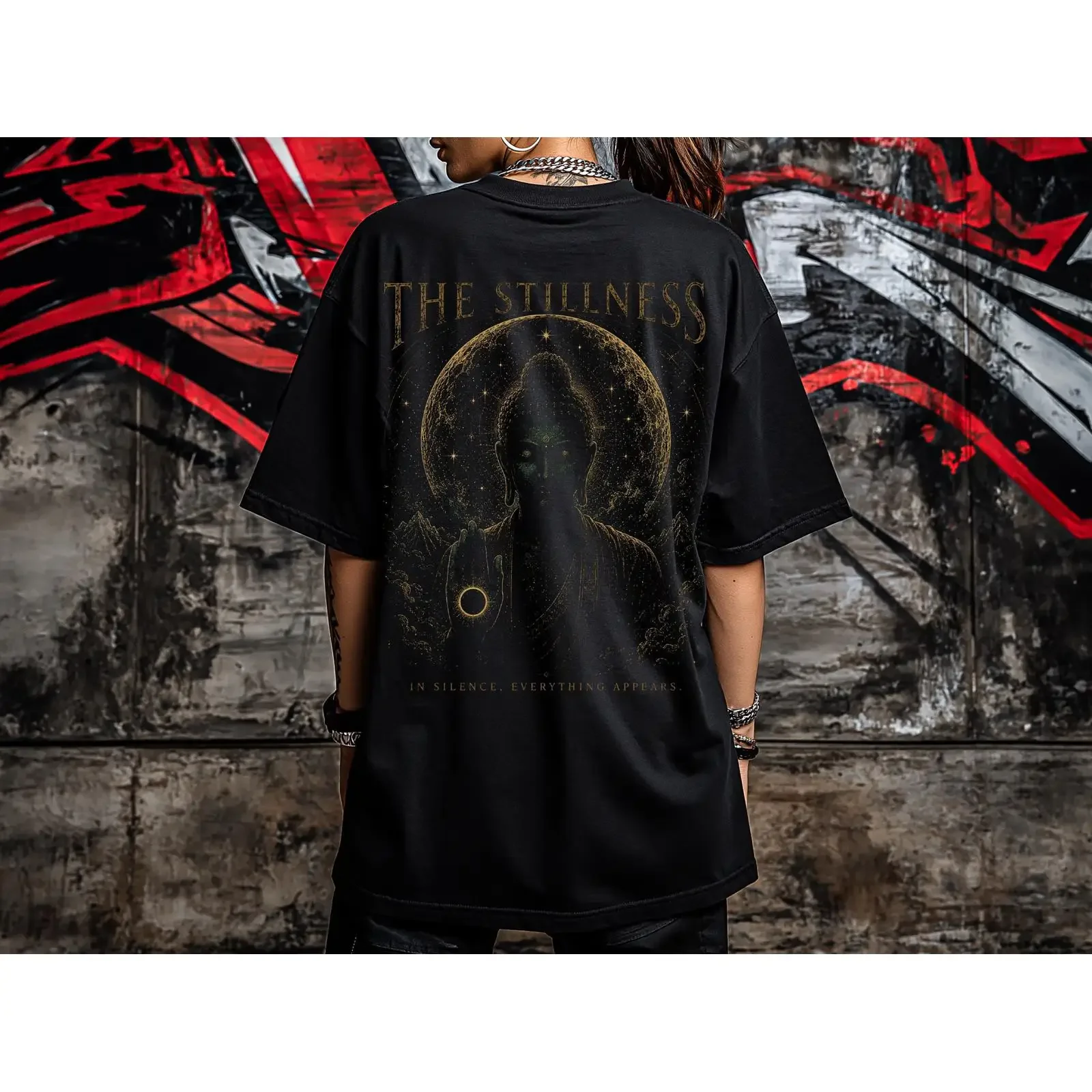 The Stillness Buddha T Shirt Spiritual Inner Peace Healing Energy Awakening Sacred Geometry Oversized Boxy vintage Washed