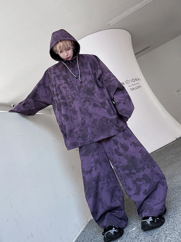 

American High Street Spray Painted Print Retro Hooded Open Cardigan And Wide Leg Knife Pants Trendy Brand Two Piece Set Stree...