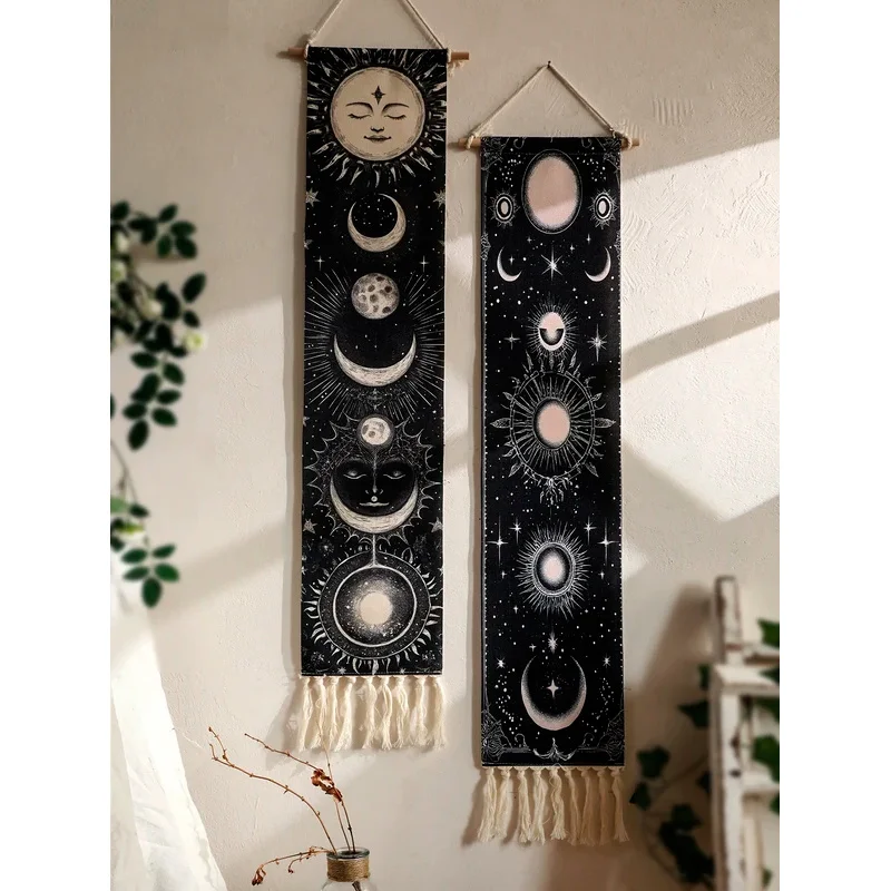 VIKAMA Vertical Tassel Tapestry Sun Moon Face Moon Phase Star Print Wall Hanging Mystic Witchy Boho Bedroom Decor