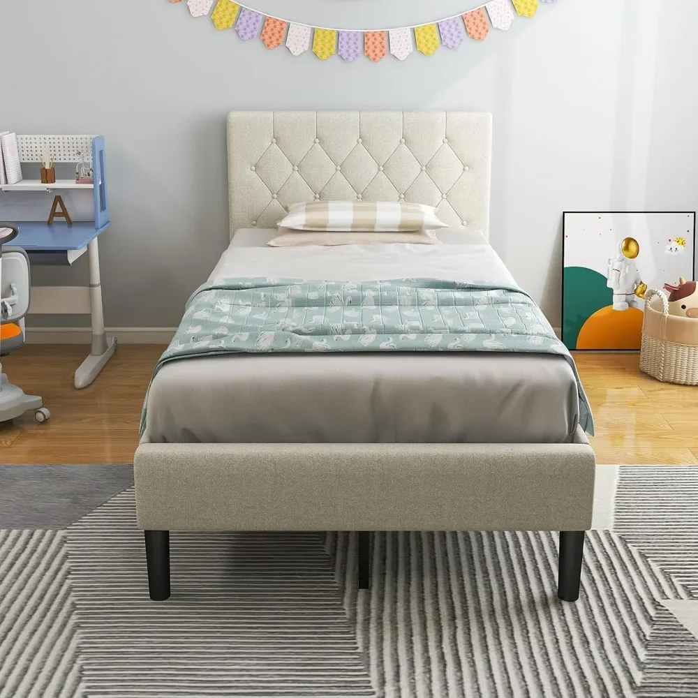 

Twin Bed Frames for Kids, Modern Upholstered Platform Bed with Button Tufted Headboard, Wooden Slats Support Mattress