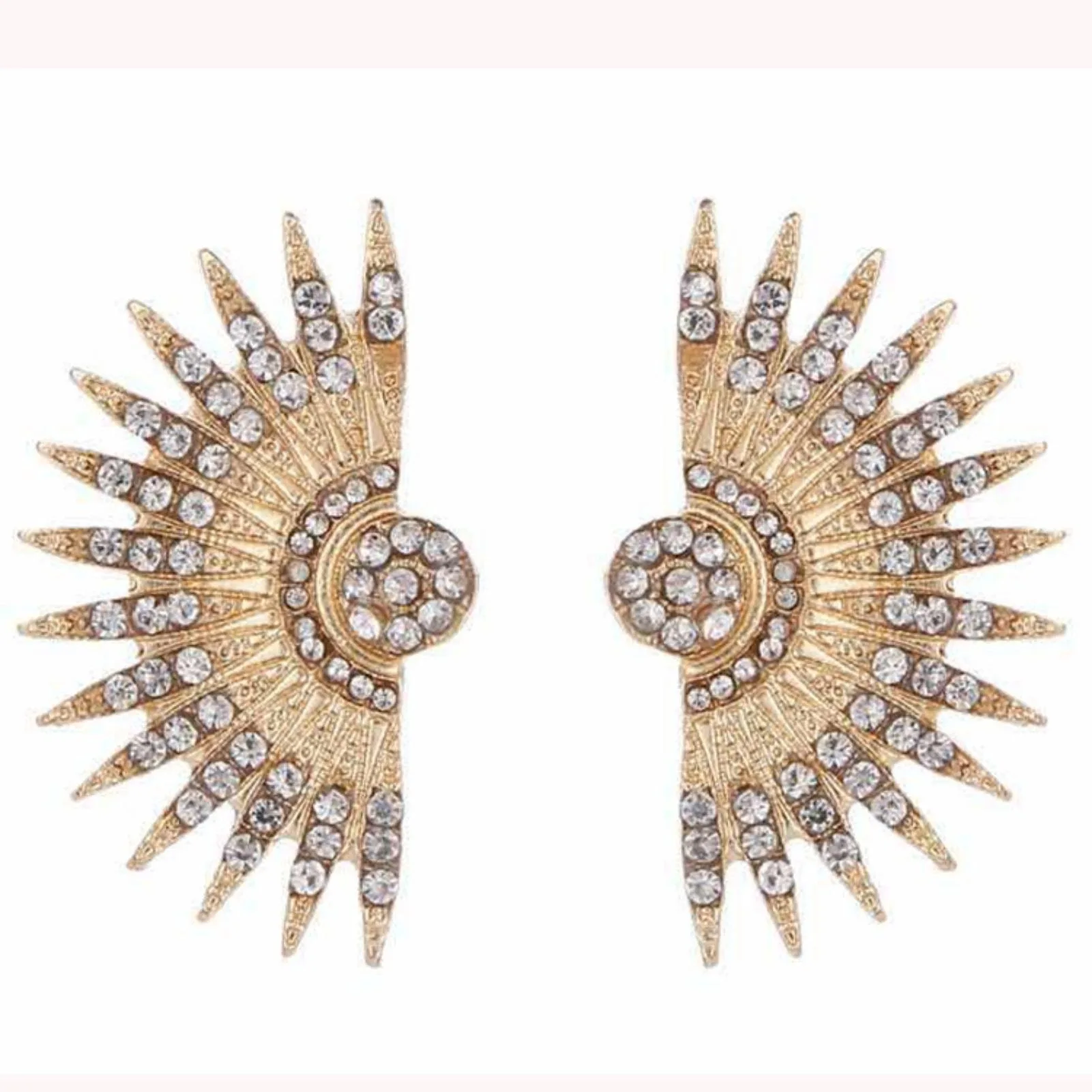 Gold Tone Art Deco Antique Vintage Style Flapper Fan Wings Rhinestone Wedding Bridal Prom Statement Earrings