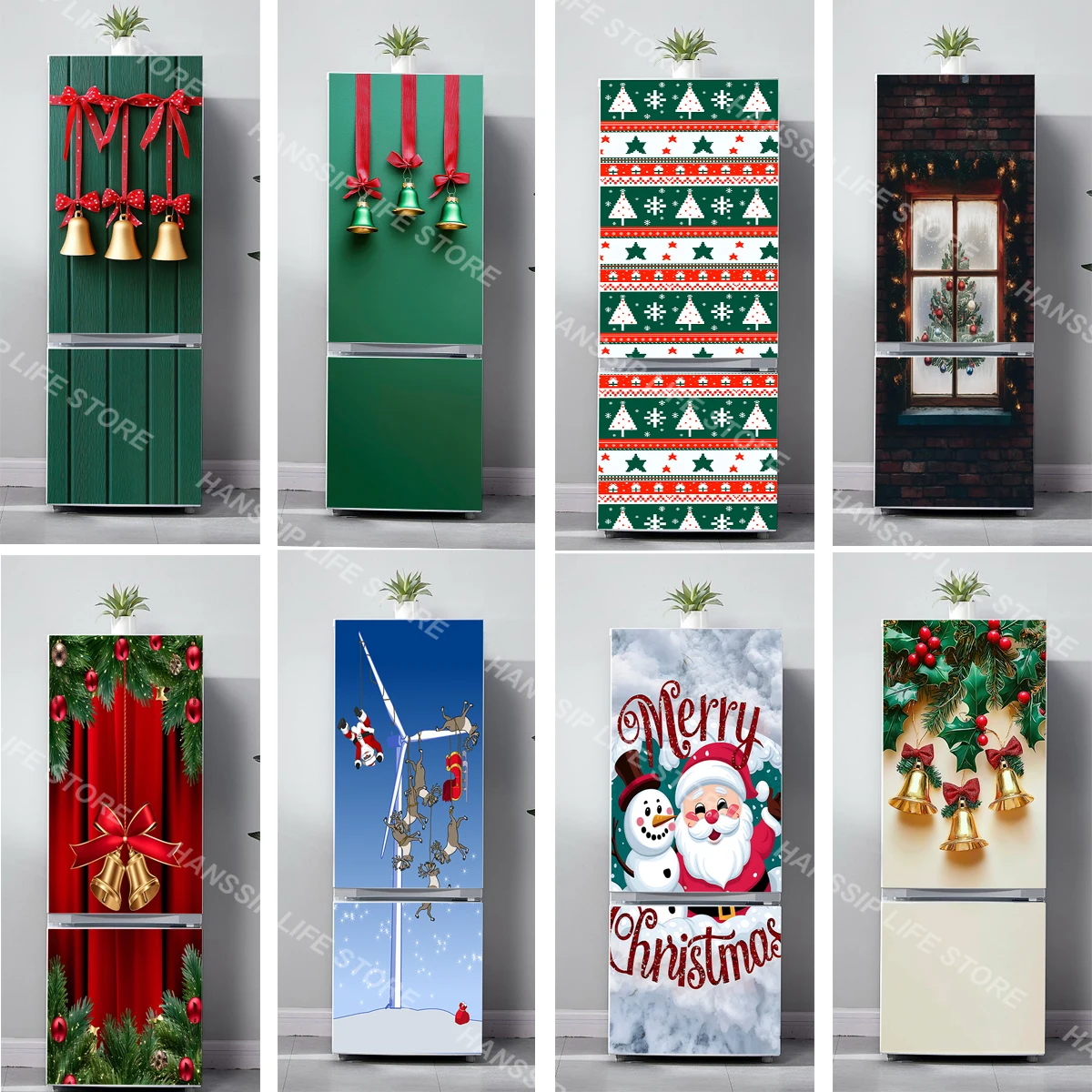 

Christmas Bell Tree Mural Refrigerator Door Frame Waterproof PVC Kitchen Wallpaper Cute Snowman Refrigerator Door Sticker