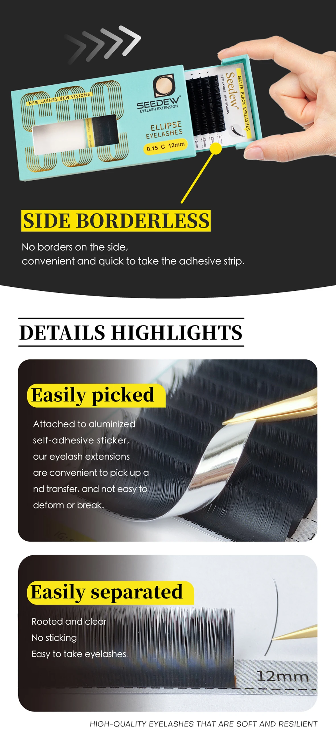 SEEDEW 0,20 mm Mattschwarze Flache Ellipsen-Wimpernverlängerungen Einzelwimpern Superweiche Flachwimpern – Detail 4