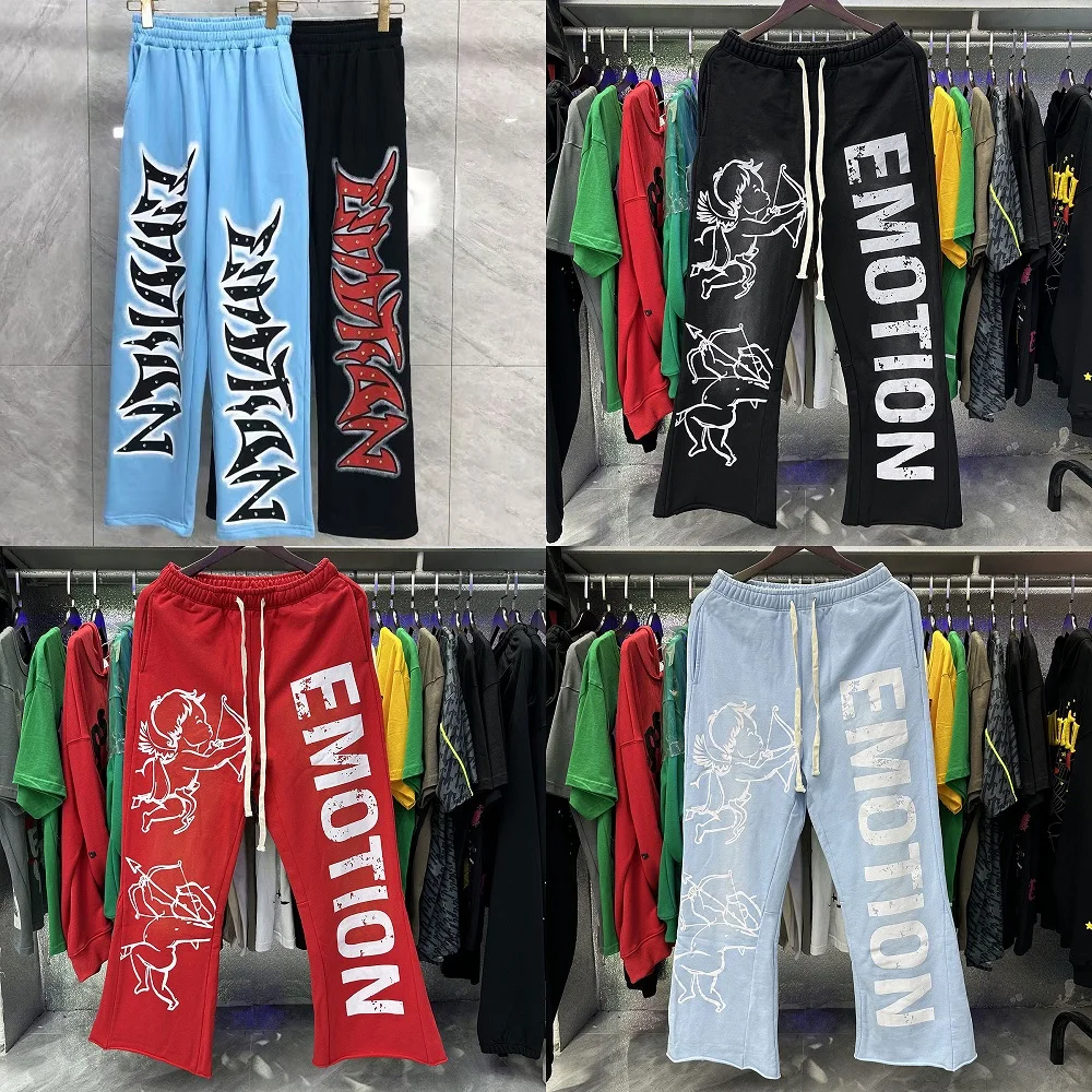 

2025 стираные брюки-клеш со смешанной эмахией, высококачественные винтажные брюки для бега с буквенным принтом и завязками