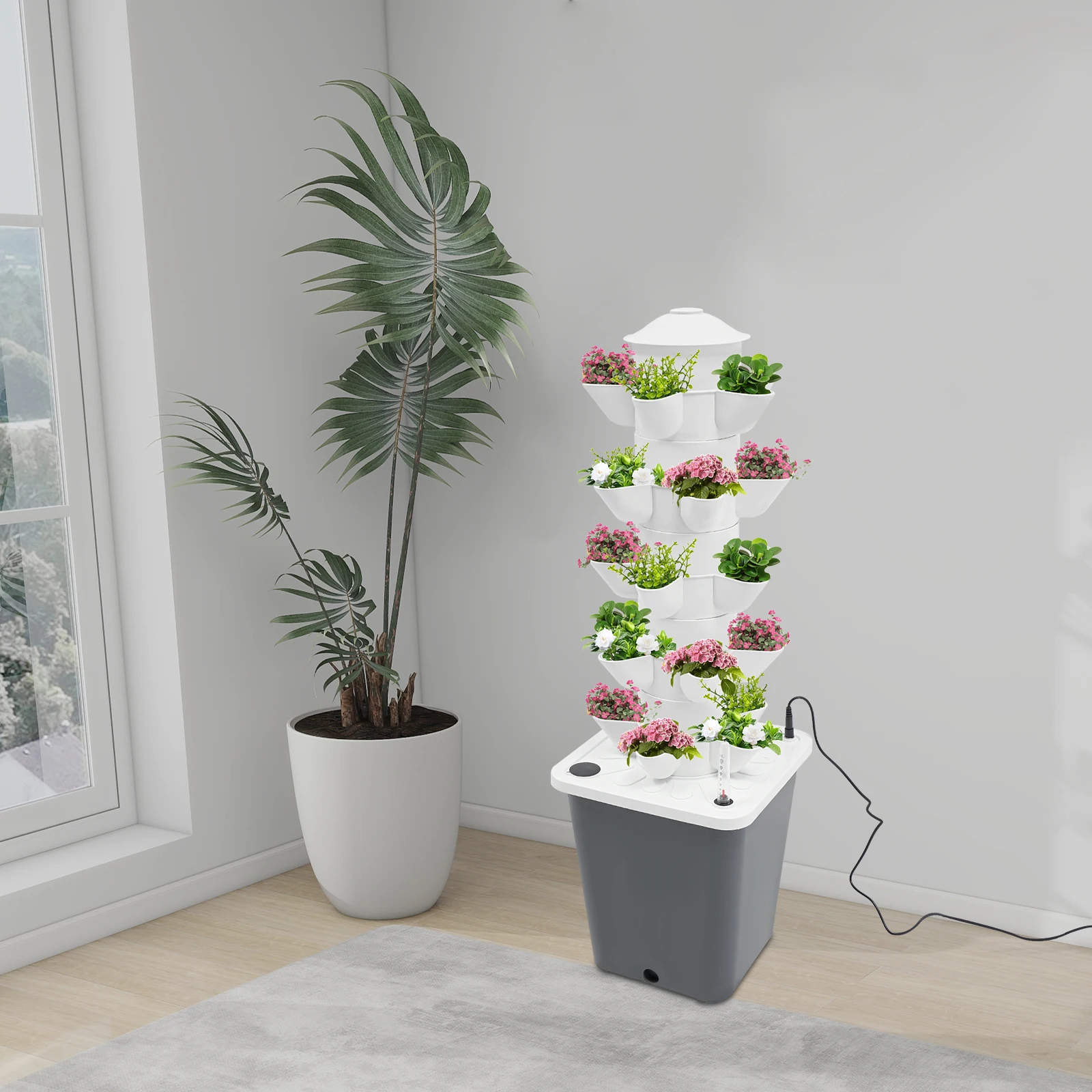 

25-Hole Hydroponics Tower Square Growing System, Hydroponics Germination Kits Durable Planter, Indoor Outdoor Garden Tower, Grey