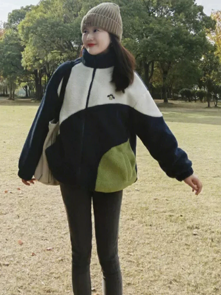 

Fashionable Color Block Lamb Fur Jacket Women's Street Style Loose Fit Long Sleeve Zipper Closure Sporty Casual Top
