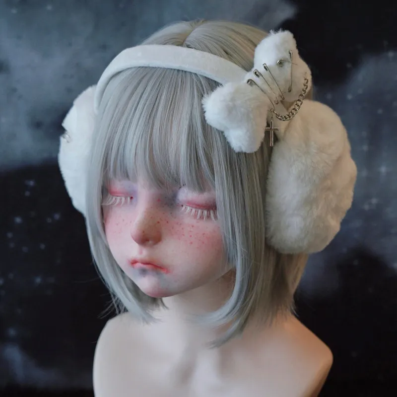 冬用耳カバー-冬用オリジナル手作りぬいぐるみ骨クロスペンダントイヤーマフ-パンクイヤーマフ-ヘッドバンド