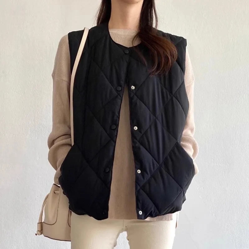 Chaleco Beige Simple para mujer, chaqueta versátil de algodón cálida con rejilla de diamantes holgada para otoño e invierno