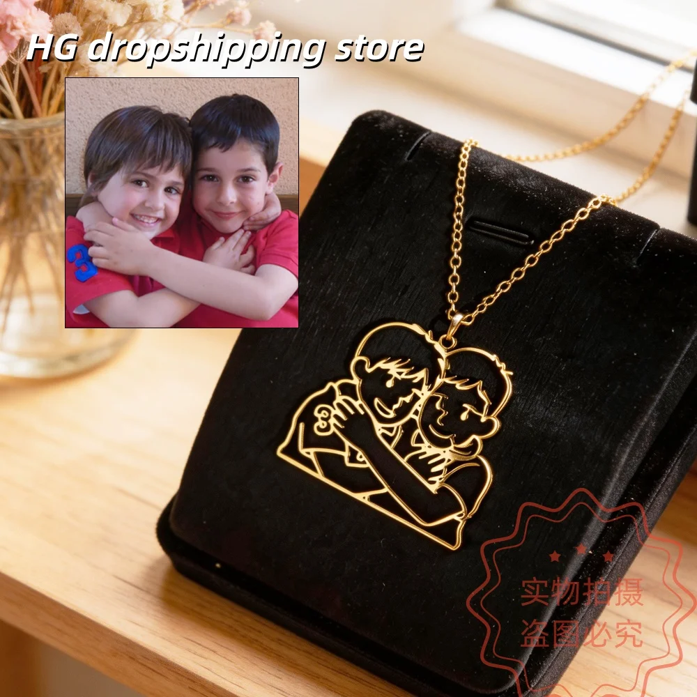 Customized Children's Photo Necklace for Women Stainless Steel Kid's Personalized Drawing Painting Customizable Family Gift