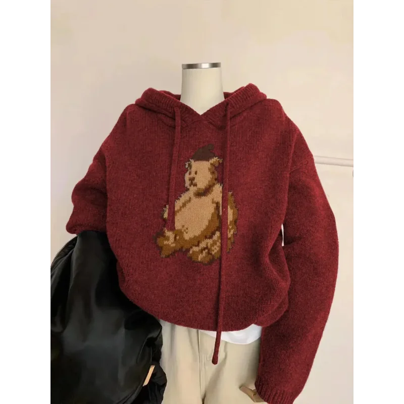 

Red Raccoon Hooded Sweater Women's Winter New Retro Knitted Inner Bottoming Long Sleeve Top