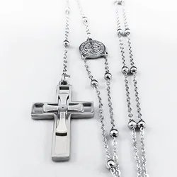 Cross Rosary Catholic Multilayer Necklace Saint Benedict Medal Beads Stainless Steel Silver Color Long Necklaces Jewelry N1172S0