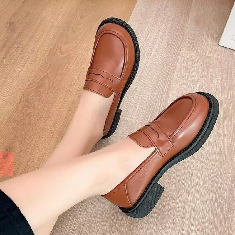 Black Small Leather Shoes Women's British Style Spring New Flat Bottomed Loafers Platform Heels Zapatos De Mujer