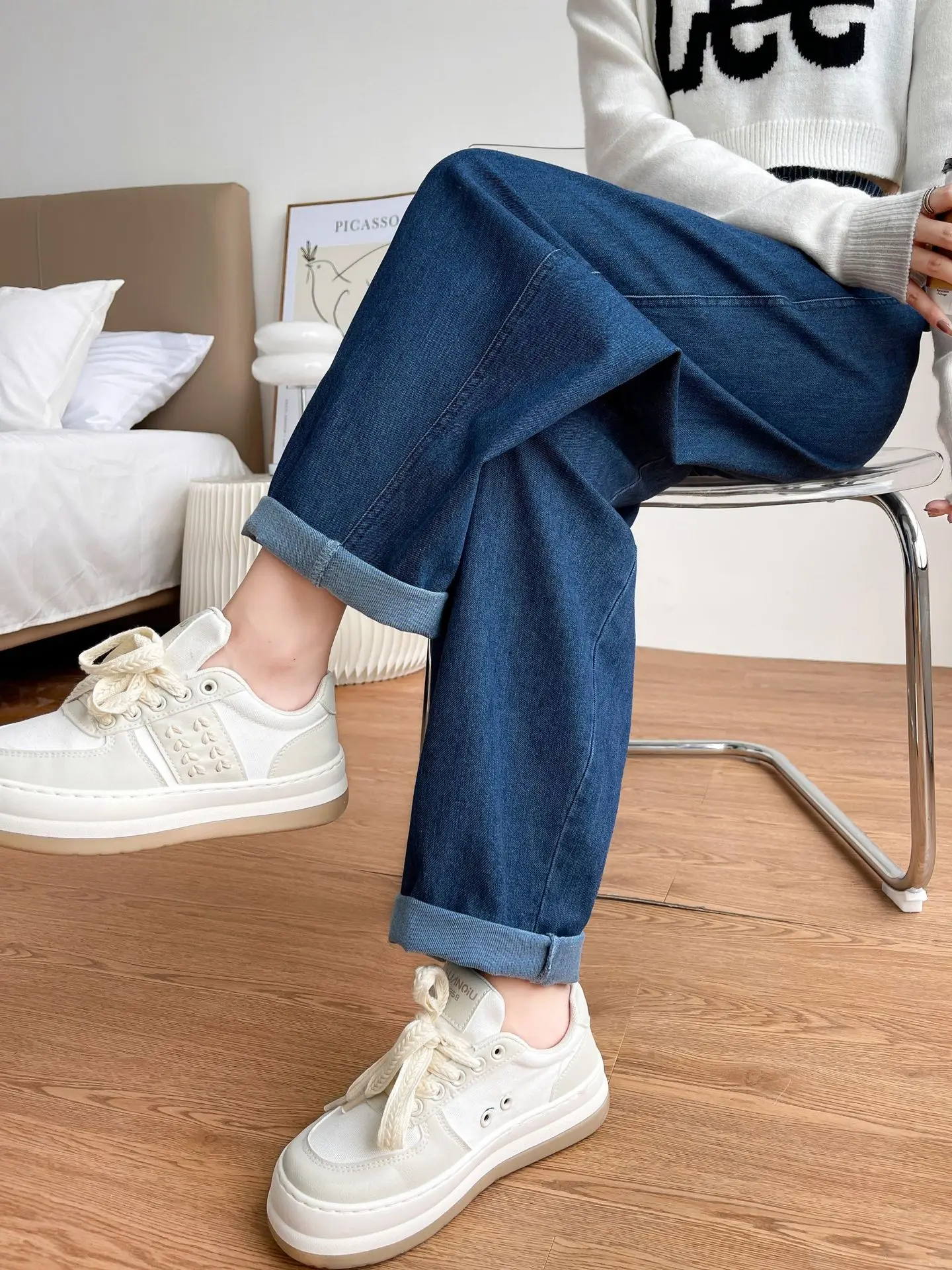 2023 Autumn New Jeans Fashion Women's Elastic High Waist Loose Harun Pants Korean Casual Drawstring Denim Trousers