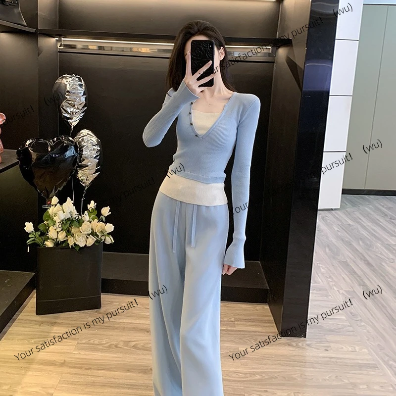 

Spring and Autumn 25 Women's Fake Two-piece Knitted Top Wide Leg Pants Two-piece Fashion Age Reduction Suit