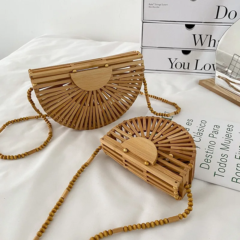 Fashion Half Moon Wooden Shoulder Crossbody Bags for Women Bamboo Woven Summer Beach Straw Bag Rattan Small Phone Purse Mini Sac