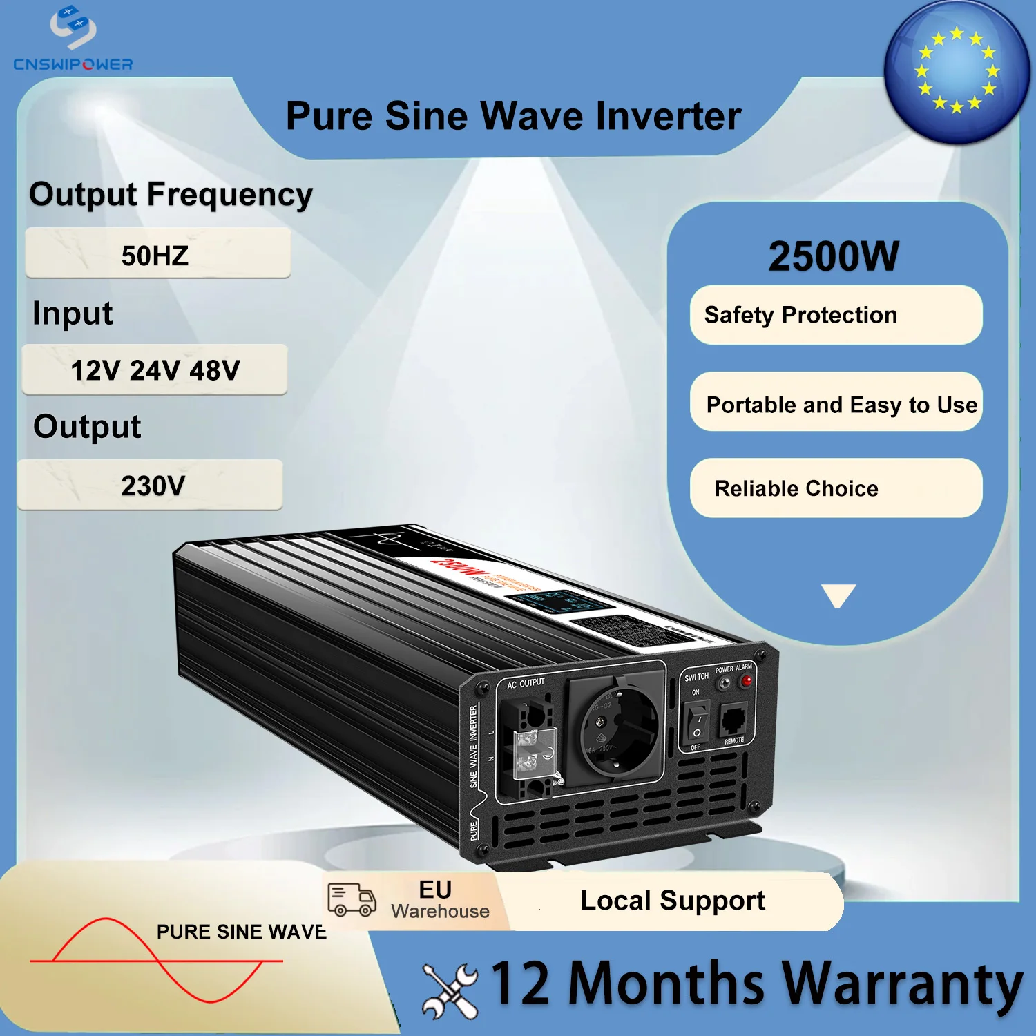 Inverter a Onda Sinusoidale Pura CNSWIPOWER 2500W con Schermo LCD, Convertitore DC 12V 24V 48V a AC 230V, Ideale per Campeggio