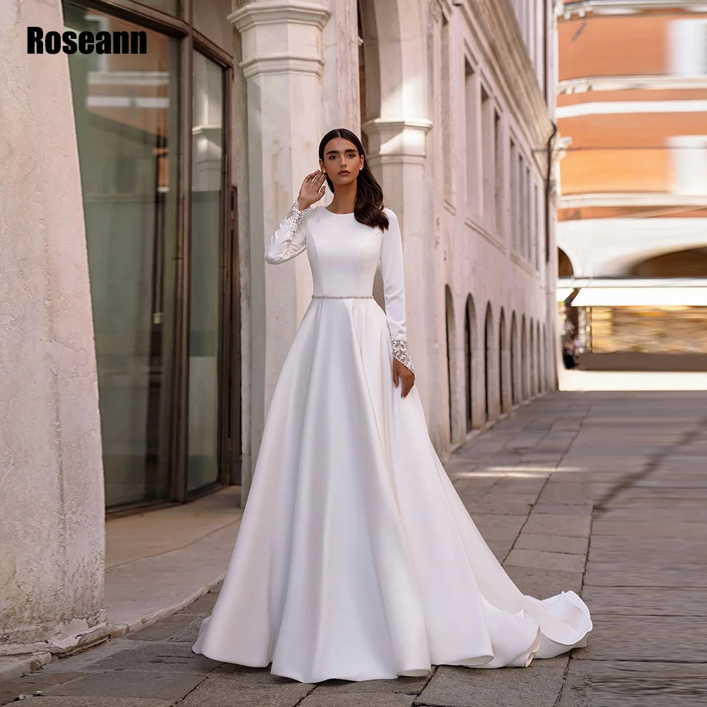 Robe de Mariée en Satin Blanc à Col Rond, Élégante, à lèvent dans le Dos, avec Ceinture à Paillettes, Traîne de Cour, Ligne A