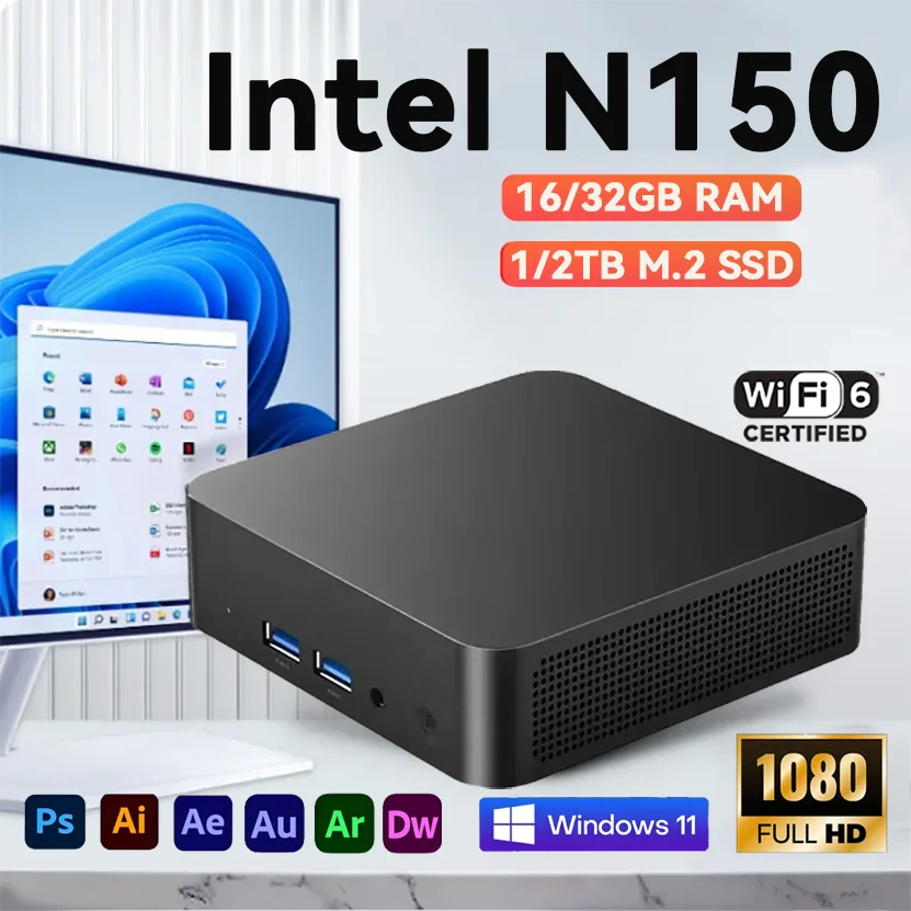 미니 PC 새제품 인텔 N150 USB3.0 Wifi6 BT5.2 1080P 16GB DDR4 RAM 1TB SSD 1000M 이더넷 게이밍 PC 데스크탑 미니 컴퓨터