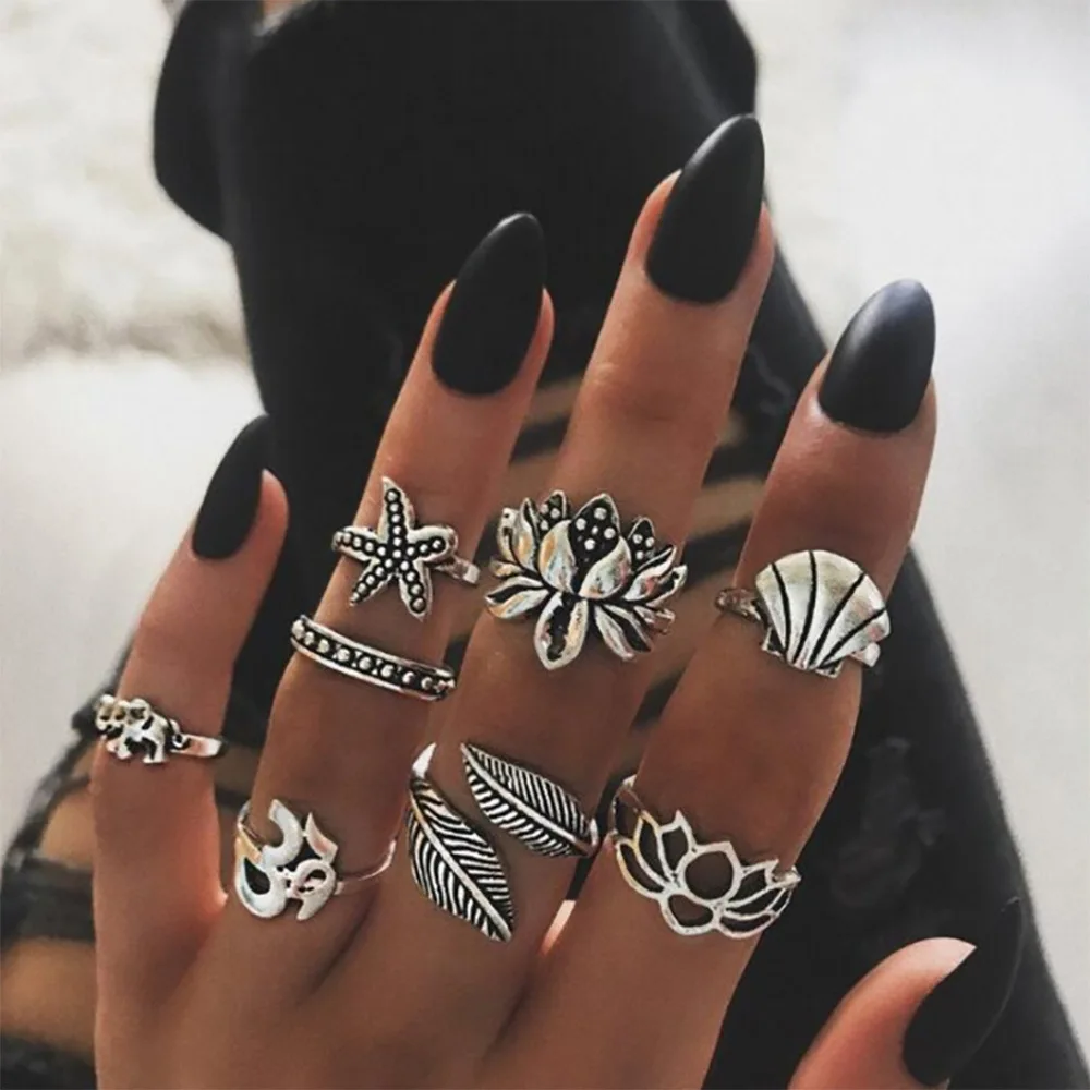 AliExpress wish cross-border new products, European and American retro lotus shell starfish building sky leaves eight-piece ring