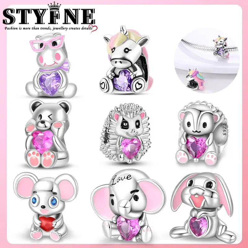 Animals Pets 2025 Beads 925 Sterling Silver Hedgehog Bunny Elephant Bear Hugs Heart Charms for Women's Jewelry DIY Pulseras Gift