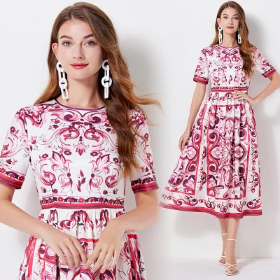 Vestido feminino estampado em porcelana, manga curta, cintura alta, vestido longo de férias, passarela estilista, amarelo azul e branco, moda verão