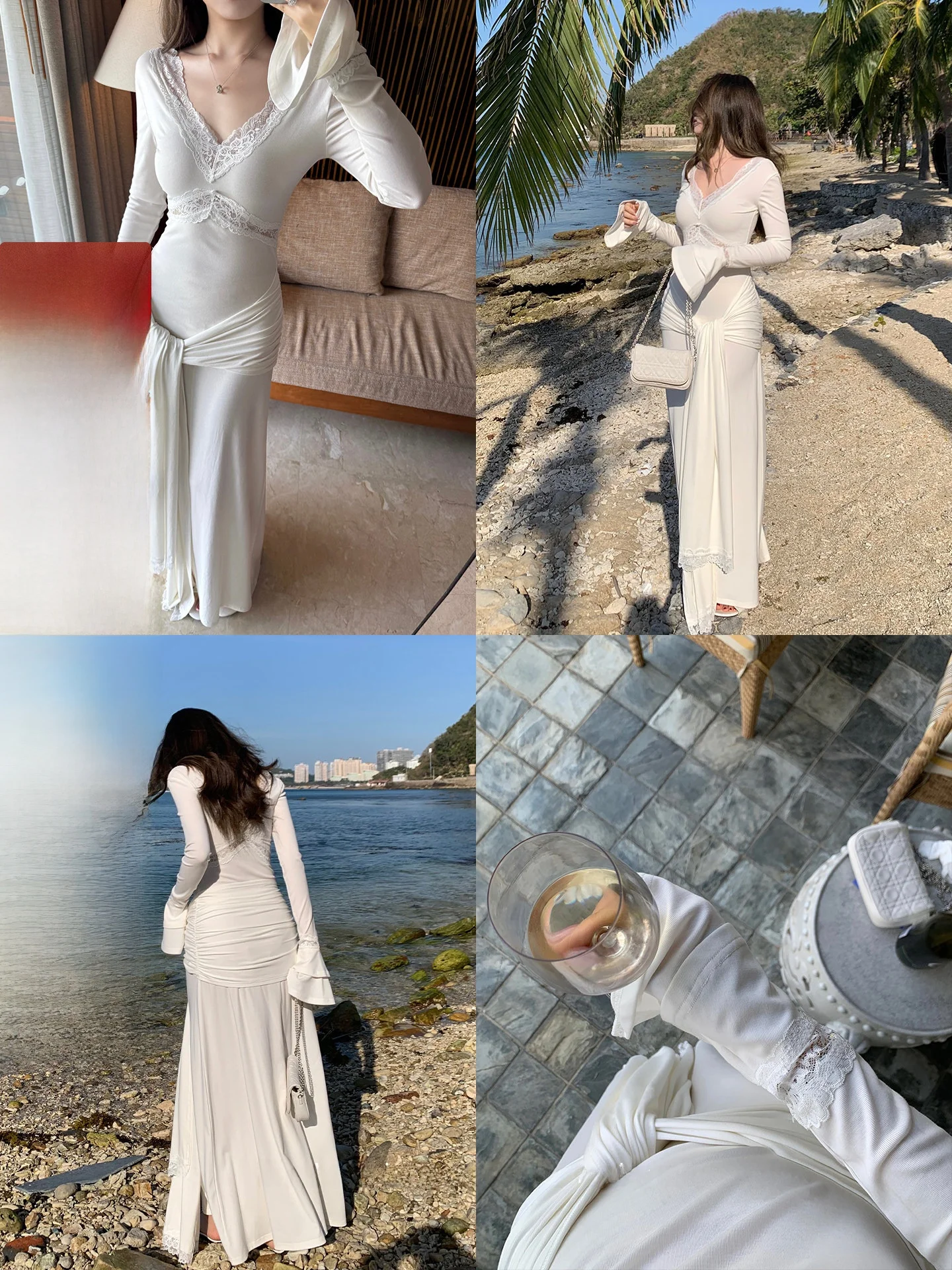 

Xzichic Lyrca Blend High Elastic V Ne Long Dr Women's Skin Friendly Casual Sle Patchwork Lace Svel Gown