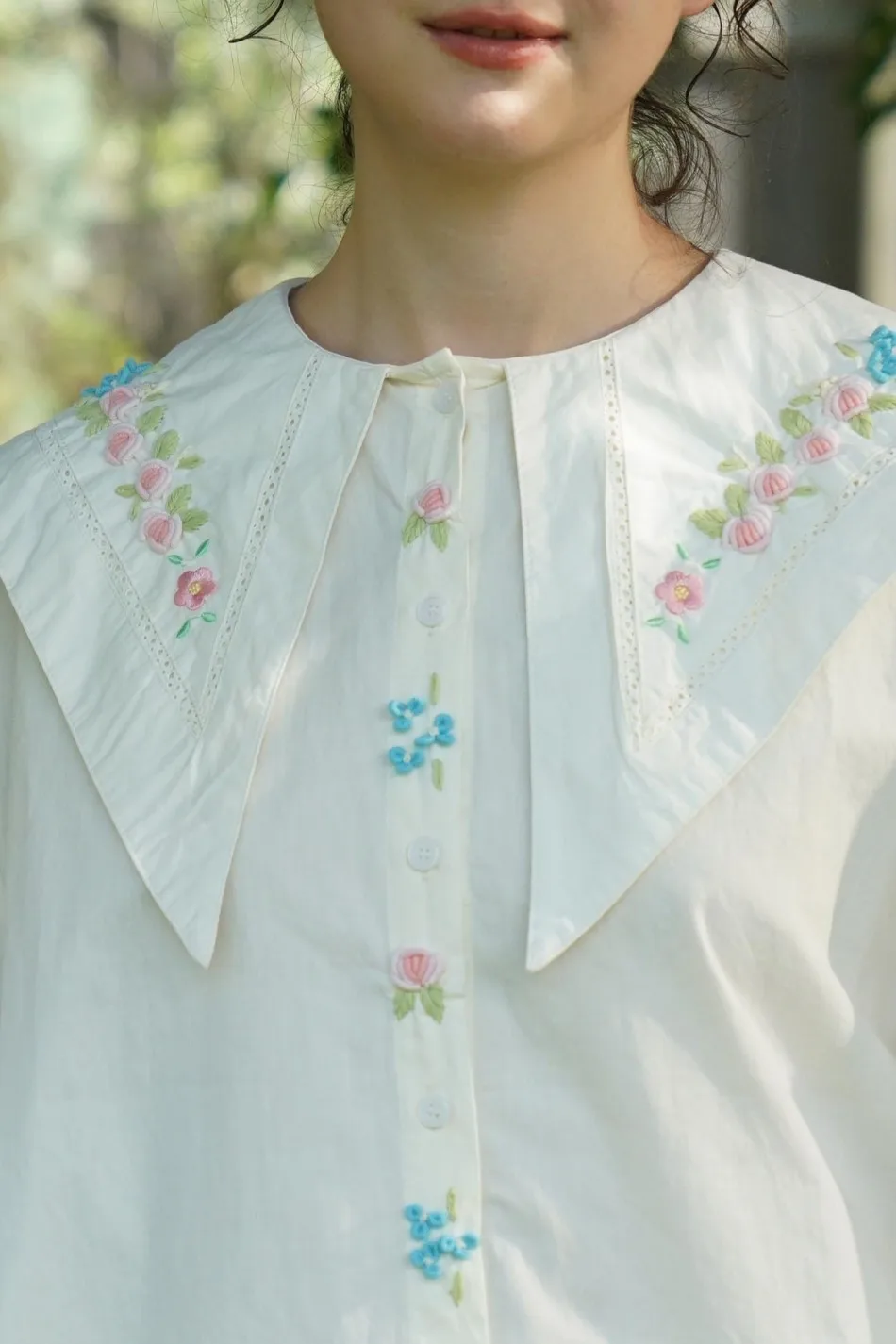 138cmBust Spring Autumn Oversized Shirts Women French Elegant Hand-Embroidered Mori Style Large Triangle Lapels 100%Cotton Shirt