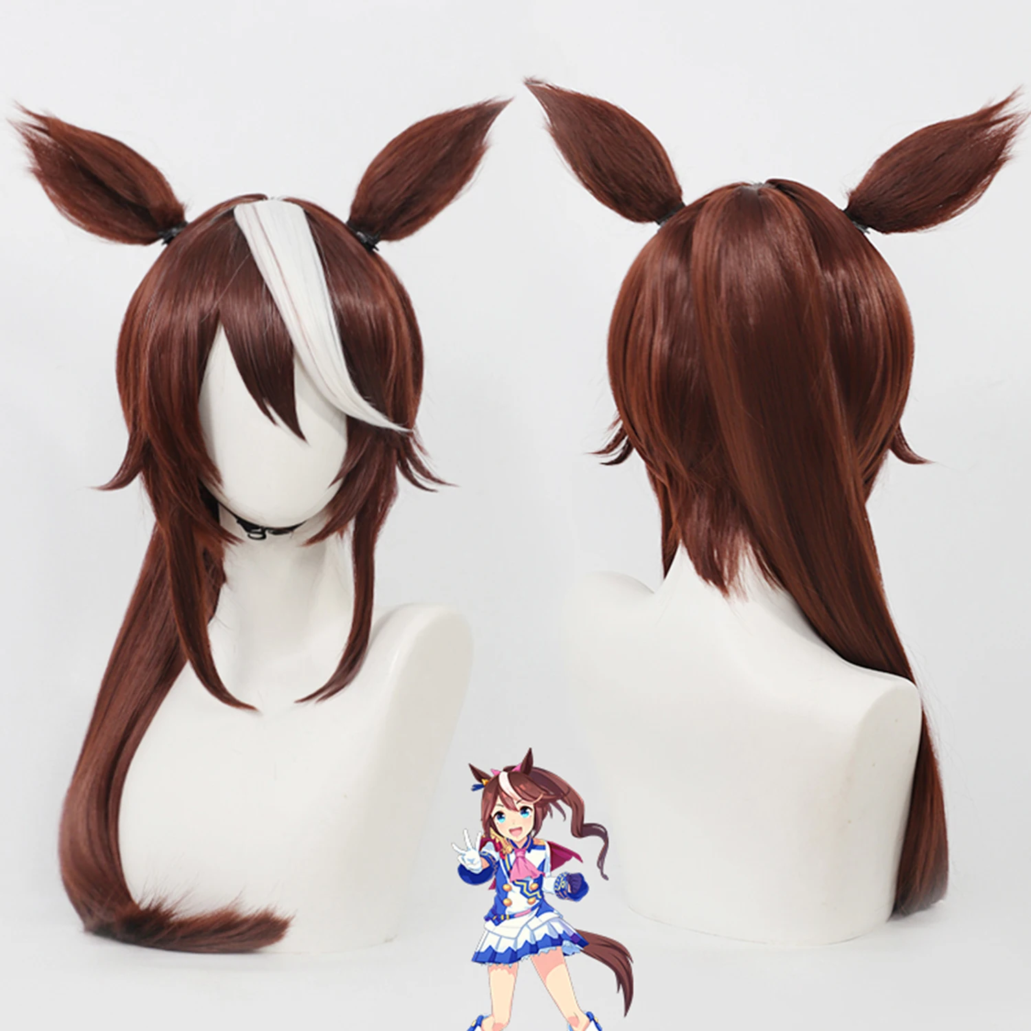 

Парик для косплея в стиле аниме, коричневый с белыми прядями, длинный хвост с ушками, синтетические термостойкие волосы для Хэллоуина и косплея