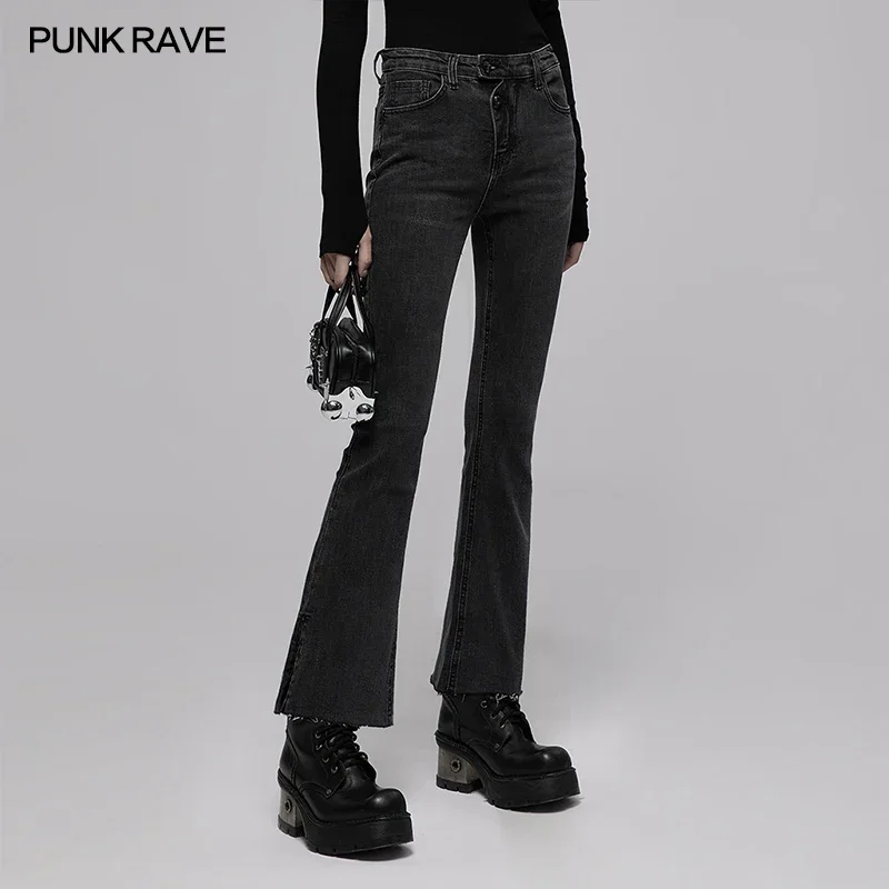 

PUNK RAVE Women's Punk Style Asymmetric Placket Small Flare Jeans Personality Casual Pants Spring/Autumn