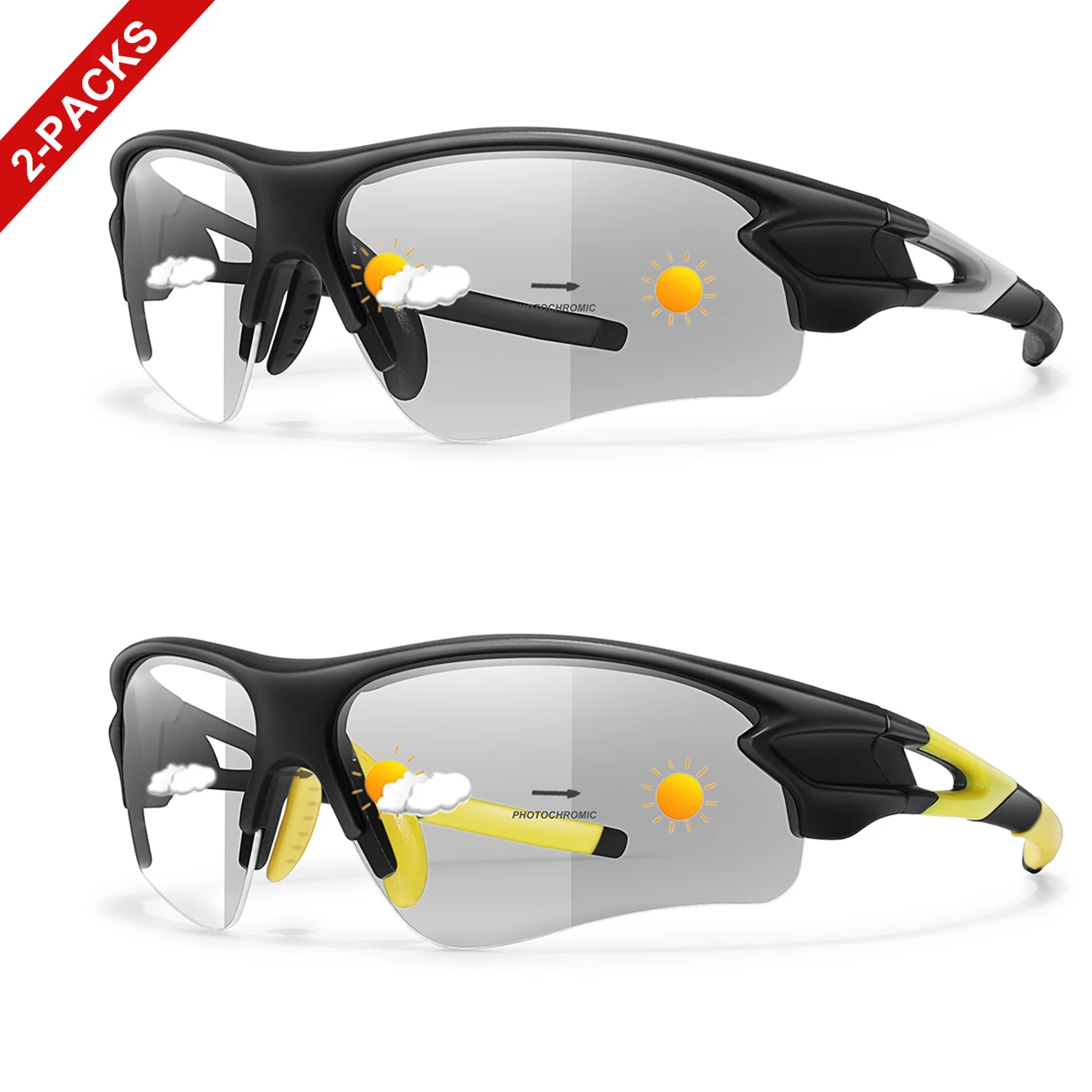2 Packs Photochromic Sunglasses for Men Women Outdoor Sports Half Frame Glasses Cycling Running Hiking Eyewear