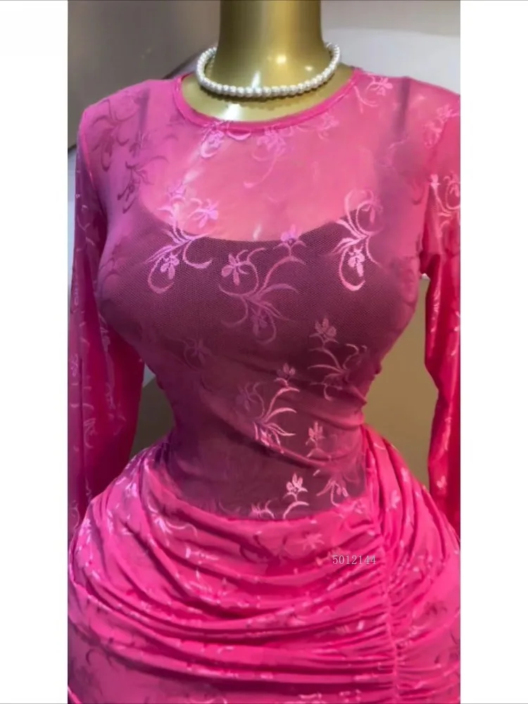 2026 Elegant Women Long Sleeve Ruched Mesh See Though with Lining Bodycon Long Dress Fall Evening Birthday Sexy Party Dresses