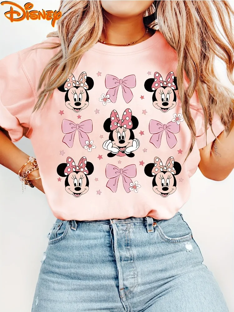 T-shirt da donna Disney a maniche corte retrò cartone animato dolce e carino Minnie con stampa girocollo Top versatile quotidiano casual alla moda
