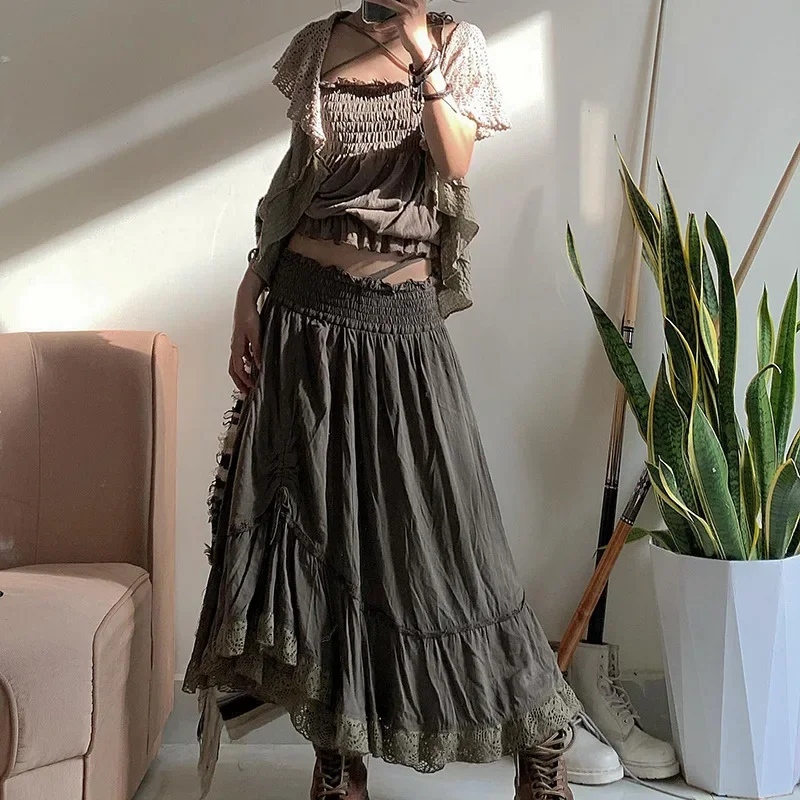 WOWOOTD  Fairy Lace Splice Shirring Midi Skirts Retro Y2k Grunge Ruffles Asymmetric Bottoms Goblincore Streetwear Long