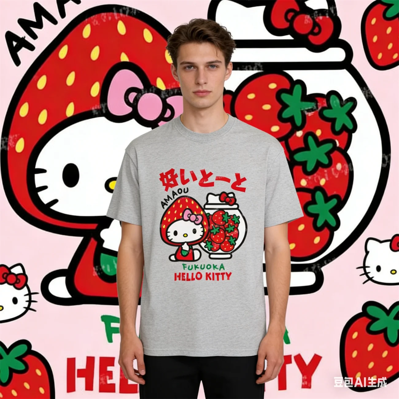 

Футболки Hello Kitty с клубничным принтом, хлопковые, с коротким рукавом, летние, мужские, повседневные, оверсайз, для детей/взрослых, женские футболки