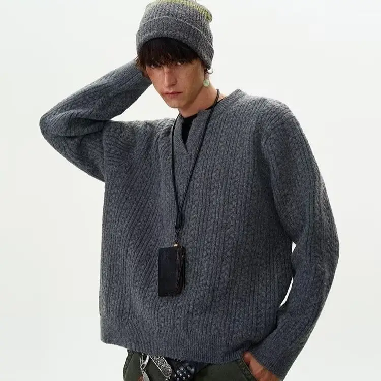 

Вязаный свитер в американском стиле ретро, свободный повседневный ленивый узор, высокое теплое верхнее пальто для пар, мужчин и женщин, зимнее полиэфирное волокно