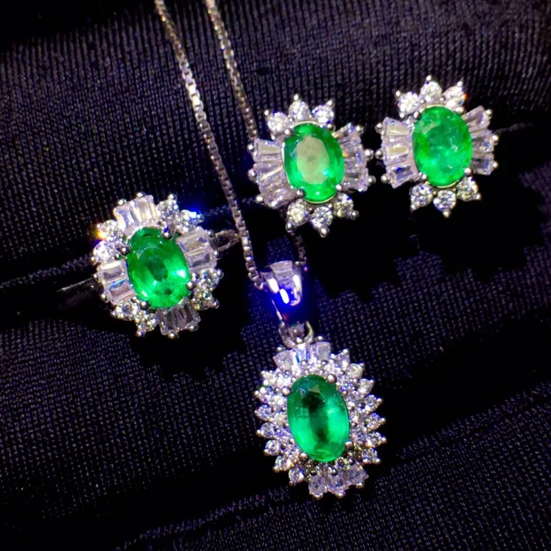 Natural Real natural emerald Jewelry Set 925 Sterling Silver 1pc Ring,1pc Pendant,2pcs Earring