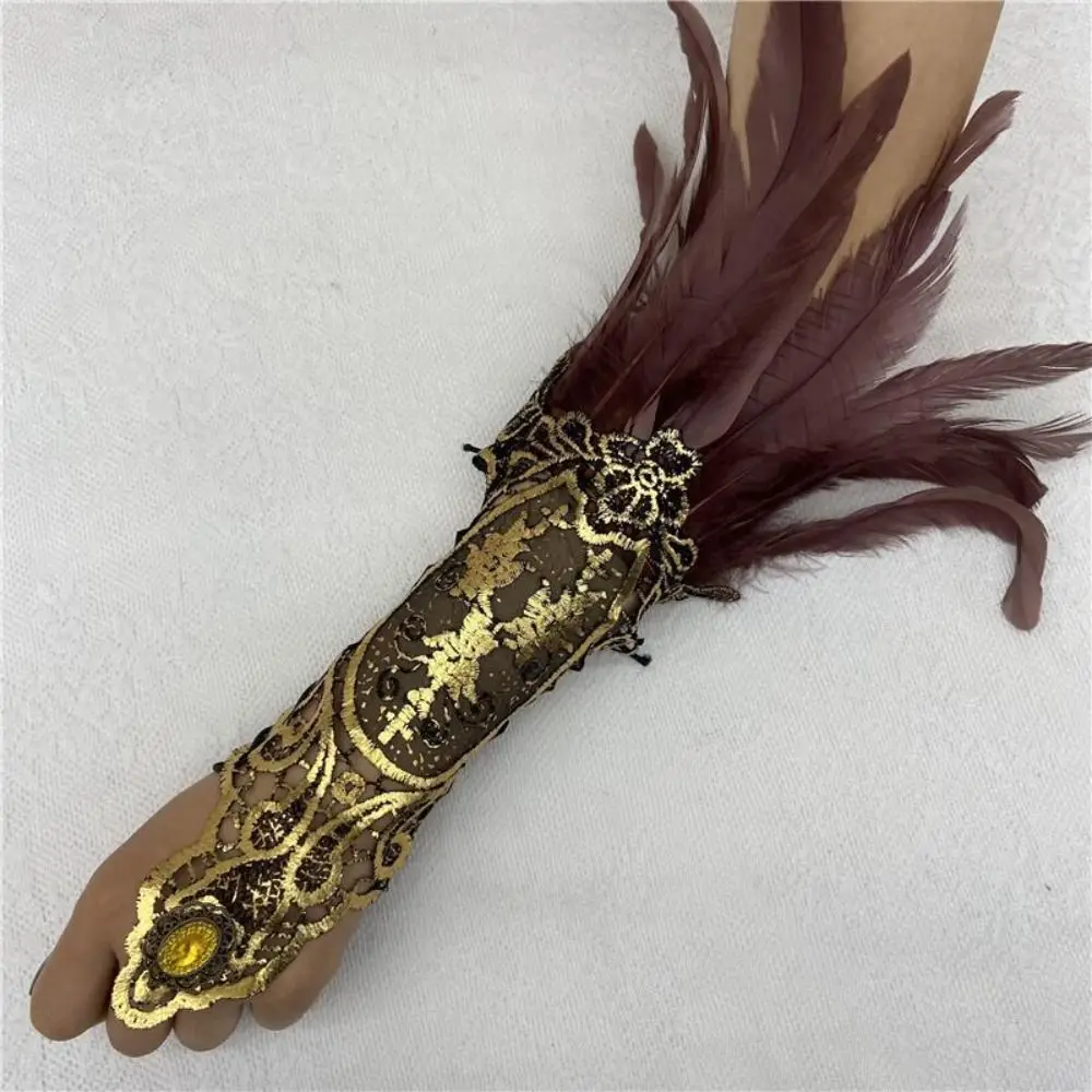 Creative Witch Halloween Feather Gloves Retro Gothic Halloween Feather Cuffs Dark Embroidery Women Feather Lace Glove Carnival