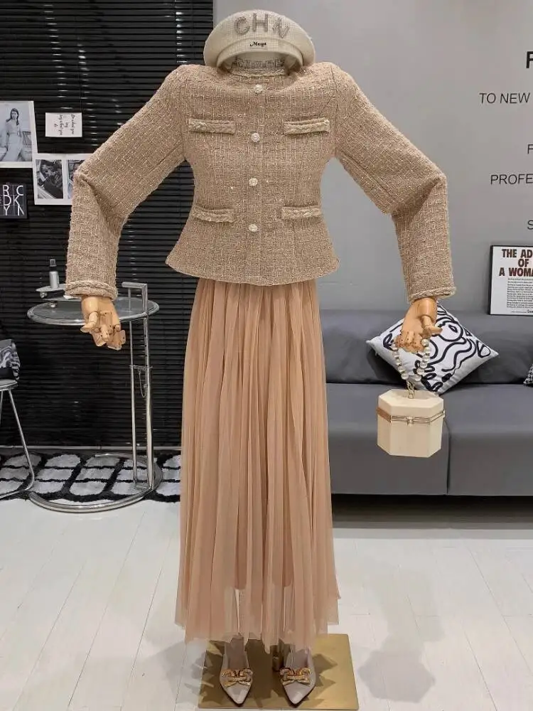French Vintage Two Piece Set Women Coarse Woolen Jacket+high Waist A-line Mesh Pleated Skirt Elegant Outfits Female Office Suit