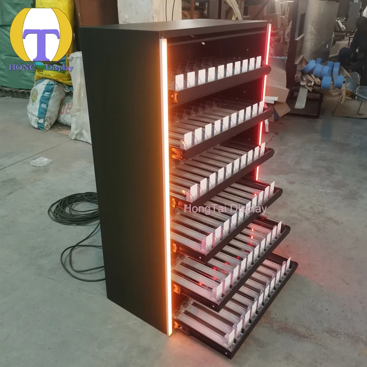 Rak Logam Lampu LED Warna-warni Kustom Akrilik Pendorong Pintu Lipat Etalase Rokok Toko Rokok