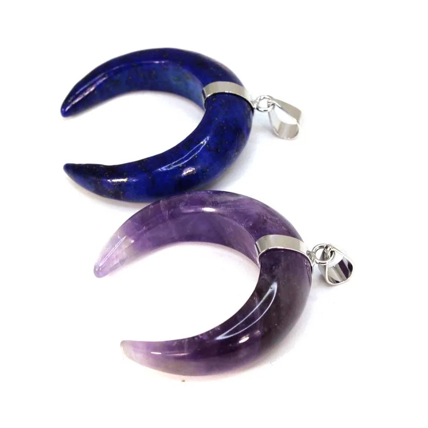 Crystal Crescent Moon Stone Pendant Necklace For Women Men Natural Amethyst Lapis Lazuli Black Agate Silver Color Chain Jewelry