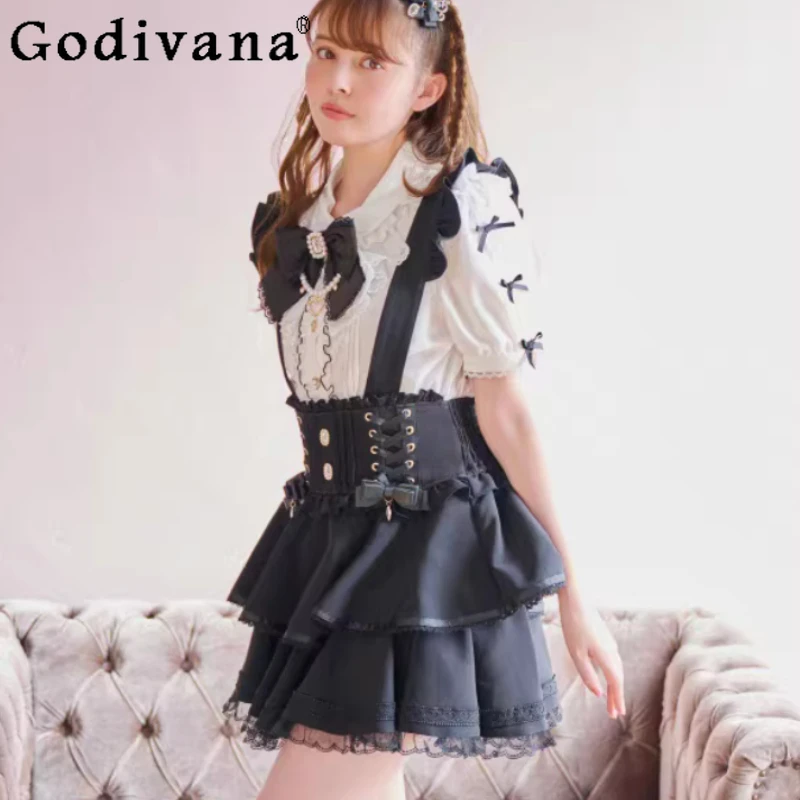 

Женская японская юбка большого размера с кружевным бантом, съемными элементами, высокой талией, А-силуэтом, универсальная, омолаживающая, на бретельках, в стиле «торт»