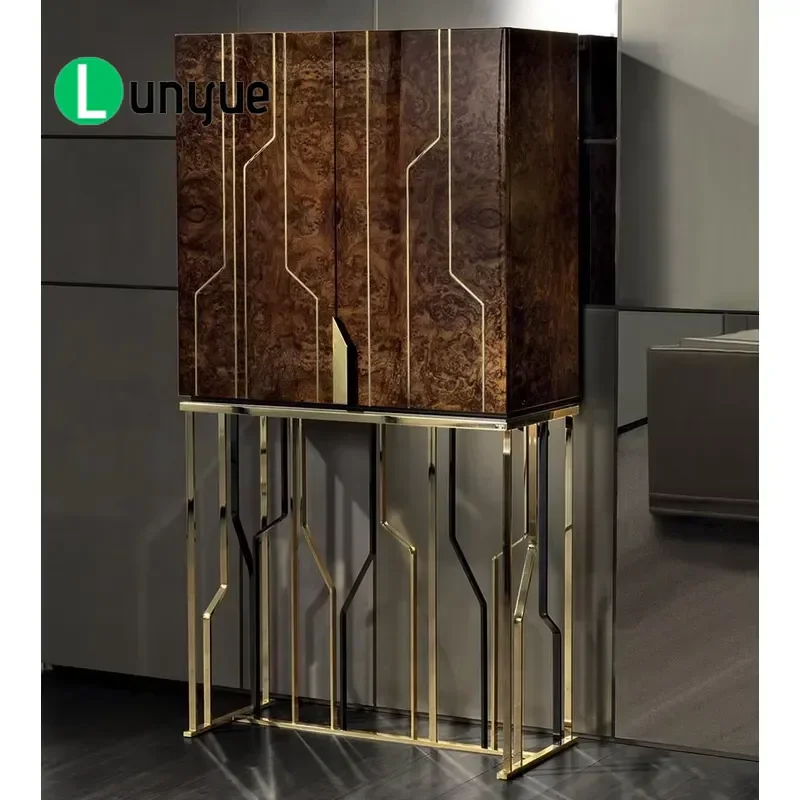 Luxury Walnut Wine Cabinet with Metal Leather Accents High Quality Bottle Display Rack Storage Furniture for Living Room Bar